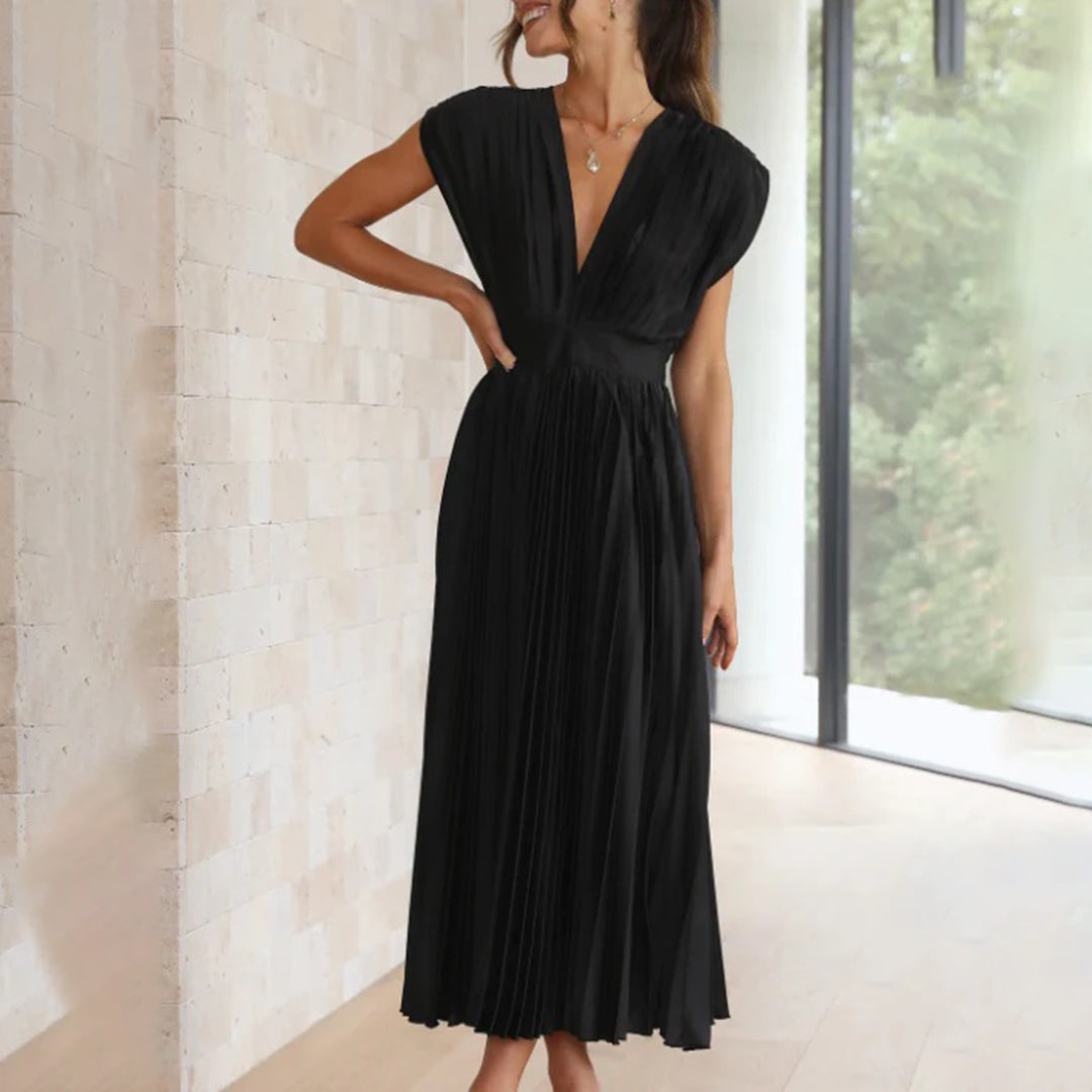 Mabel | Pleated V-Neck Midi Dress with Belted Waist for Women