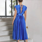 Mabel | Pleated V-Neck Midi Dress with Belted Waist for Women