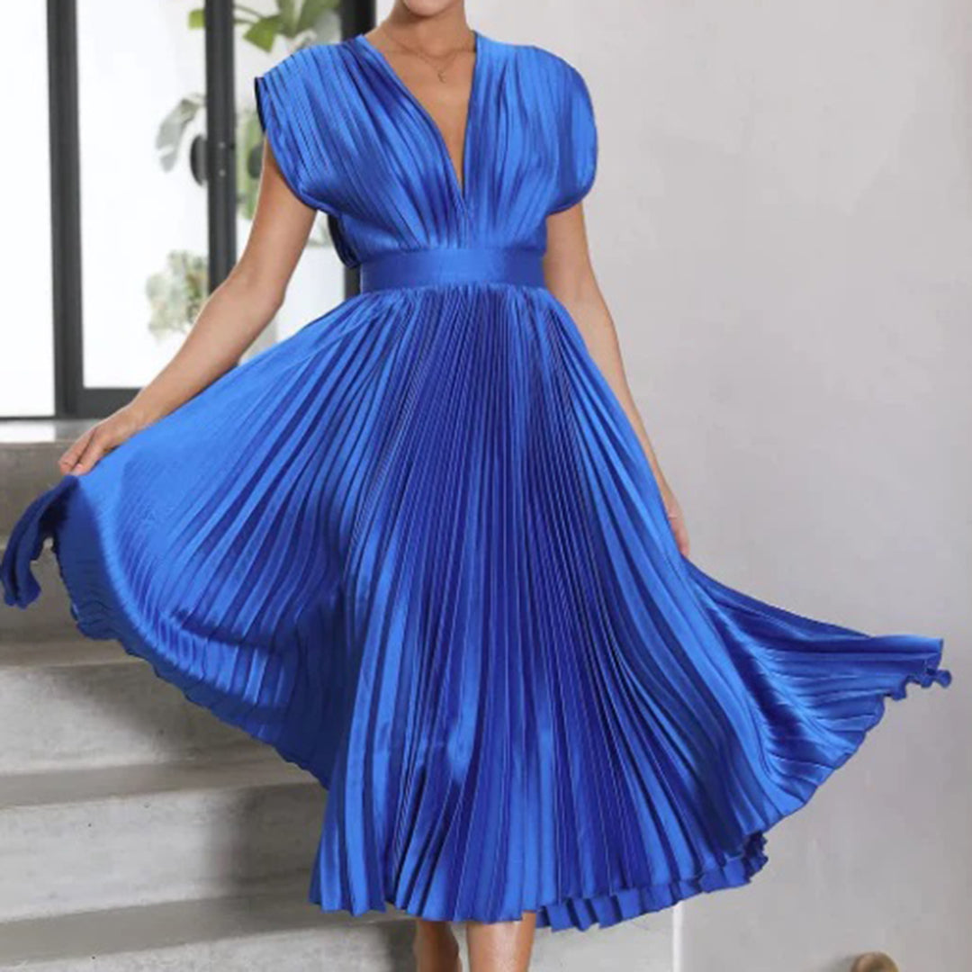 Mabel | Pleated V-Neck Midi Dress with Belted Waist for Women
