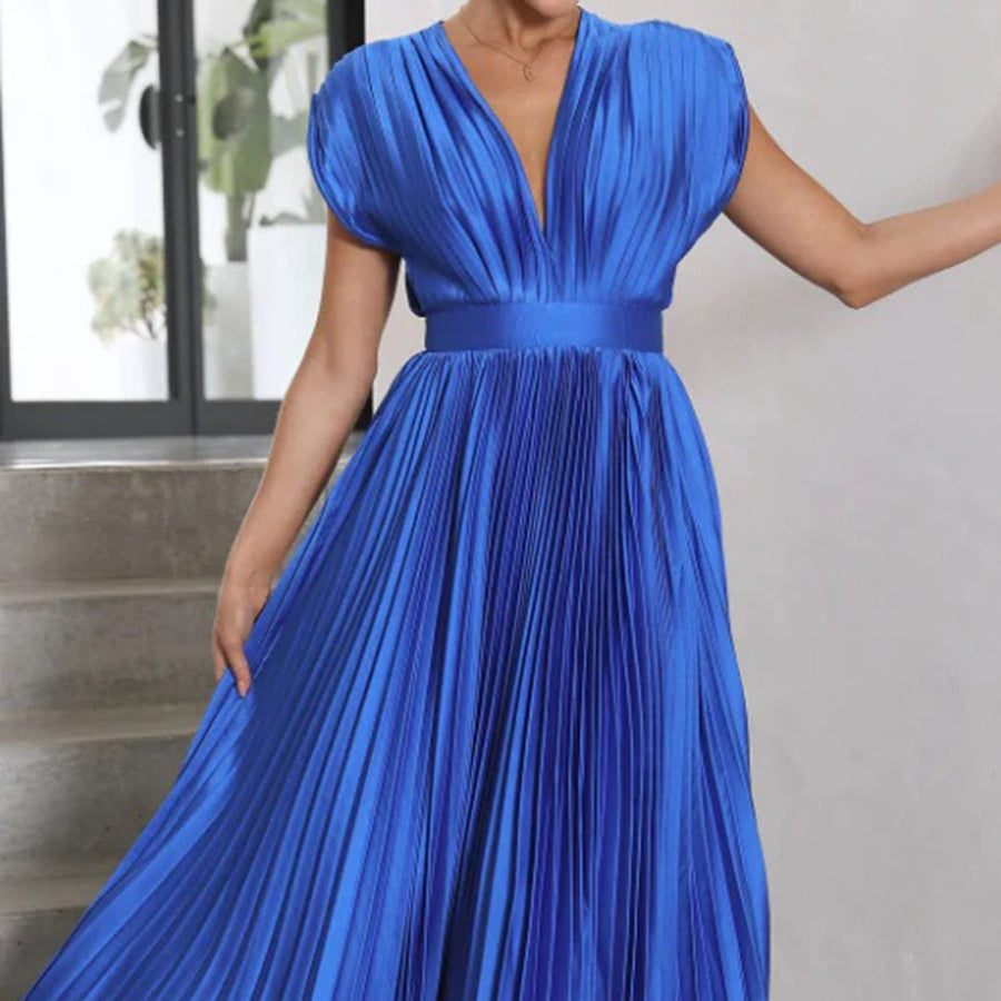 Mabel | Pleated V-Neck Midi Dress with Belted Waist for Women