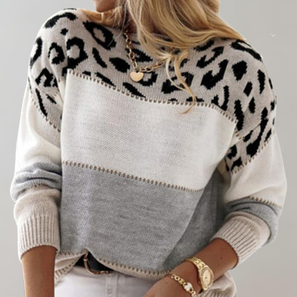 Annika | Women's Sweater Color-Block Leopard Print Casual