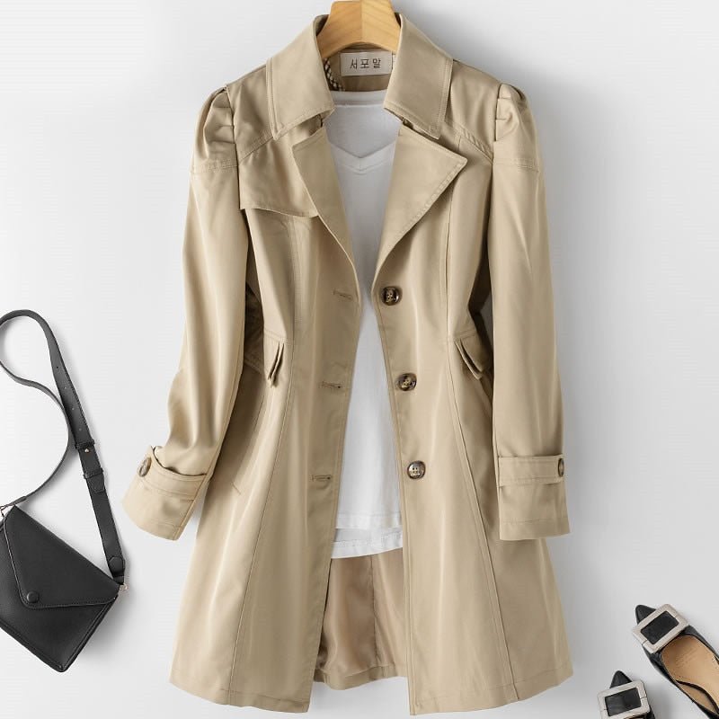 Belted Double-Breasted Trench Coat with Notch Collar for Women