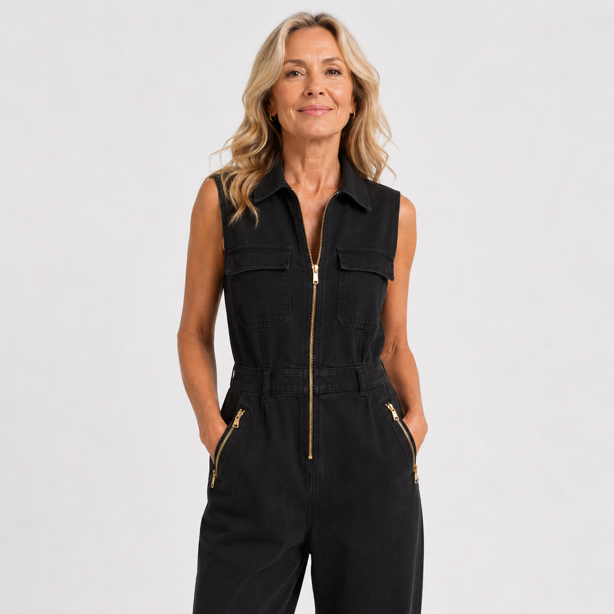 Nadelina | Sleeveless Utility Jumpsuit with Gold-Tone Zip