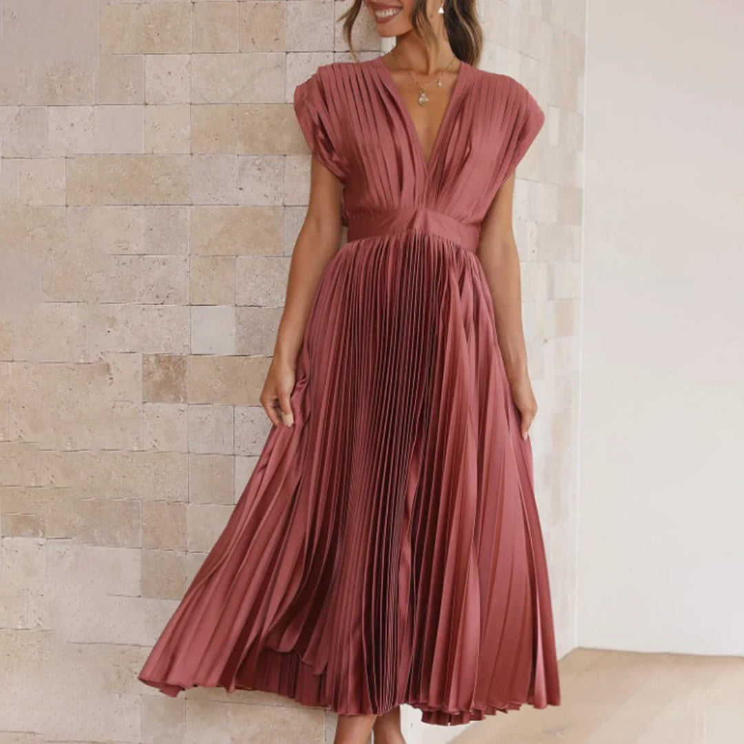 Mabel | Pleated V-Neck Midi Dress with Belted Waist for Women