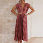 Mabel | Pleated V-Neck Midi Dress with Belted Waist for Women