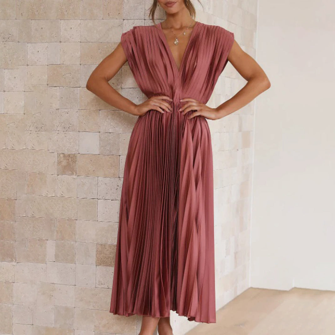 Mabel | Pleated V-Neck Midi Dress with Belted Waist for Women