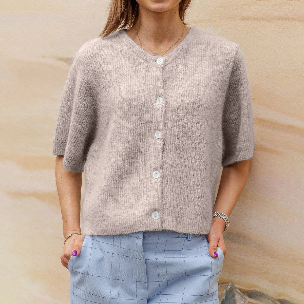 Kate | Ribbed Crewneck Cardigan Vest with Short Sleeves for Women