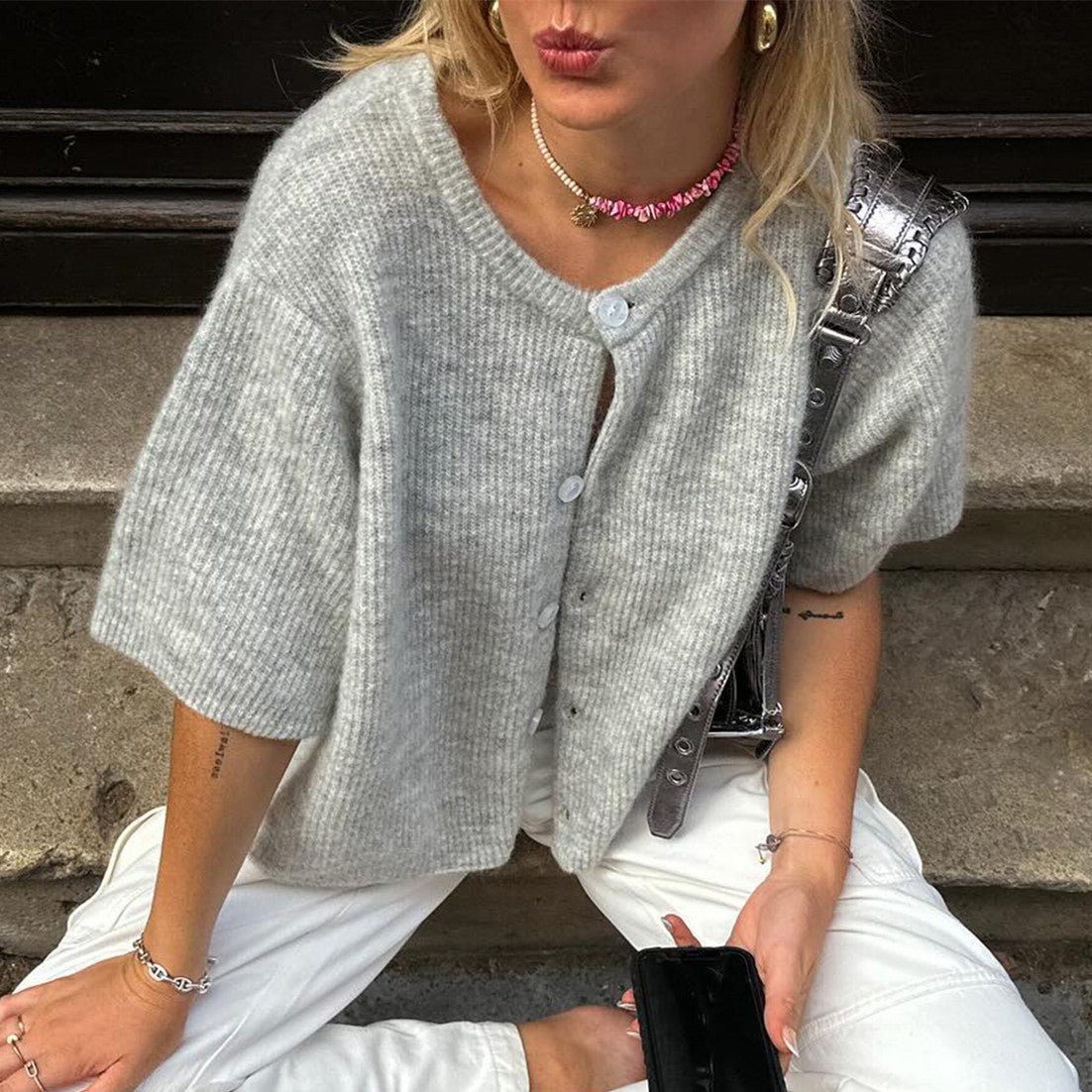 Kate | Ribbed Crewneck Cardigan Vest with Short Sleeves for Women