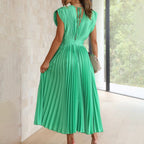 Mabel | Pleated V-Neck Midi Dress with Belted Waist for Women