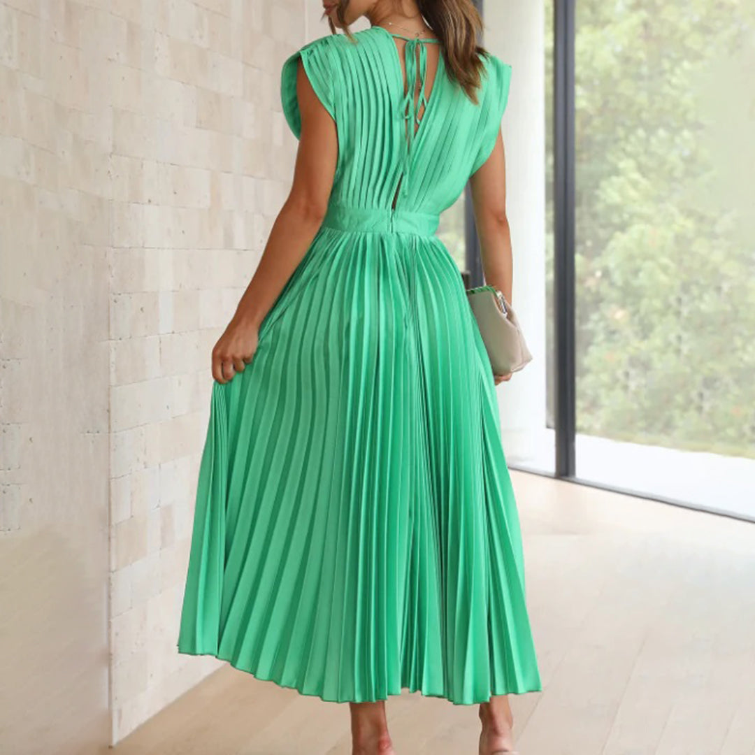 Mabel | Pleated V-Neck Midi Dress with Belted Waist for Women