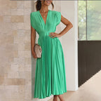 Mabel | Pleated V-Neck Midi Dress with Belted Waist for Women