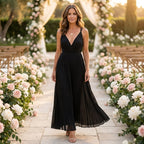 Marisol | Women's V-Neck Pleated Maxi Dress - Wedding Guest