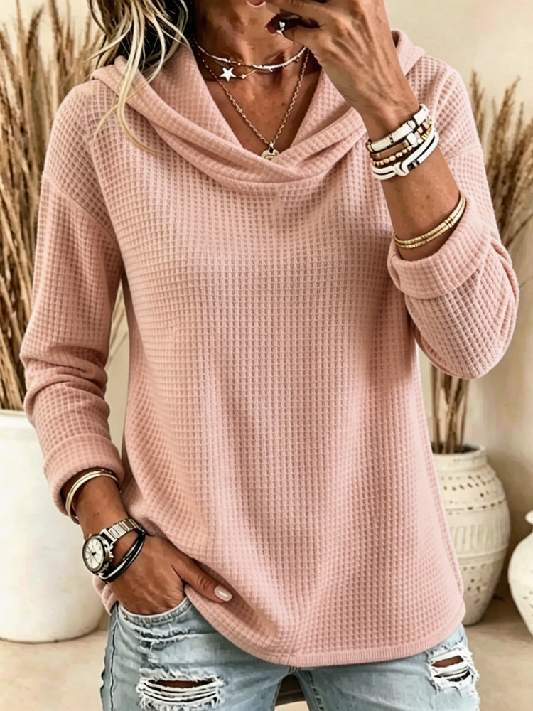 Merethe | Waffle-Knit Cowl Neck Hooded Sweater for Women