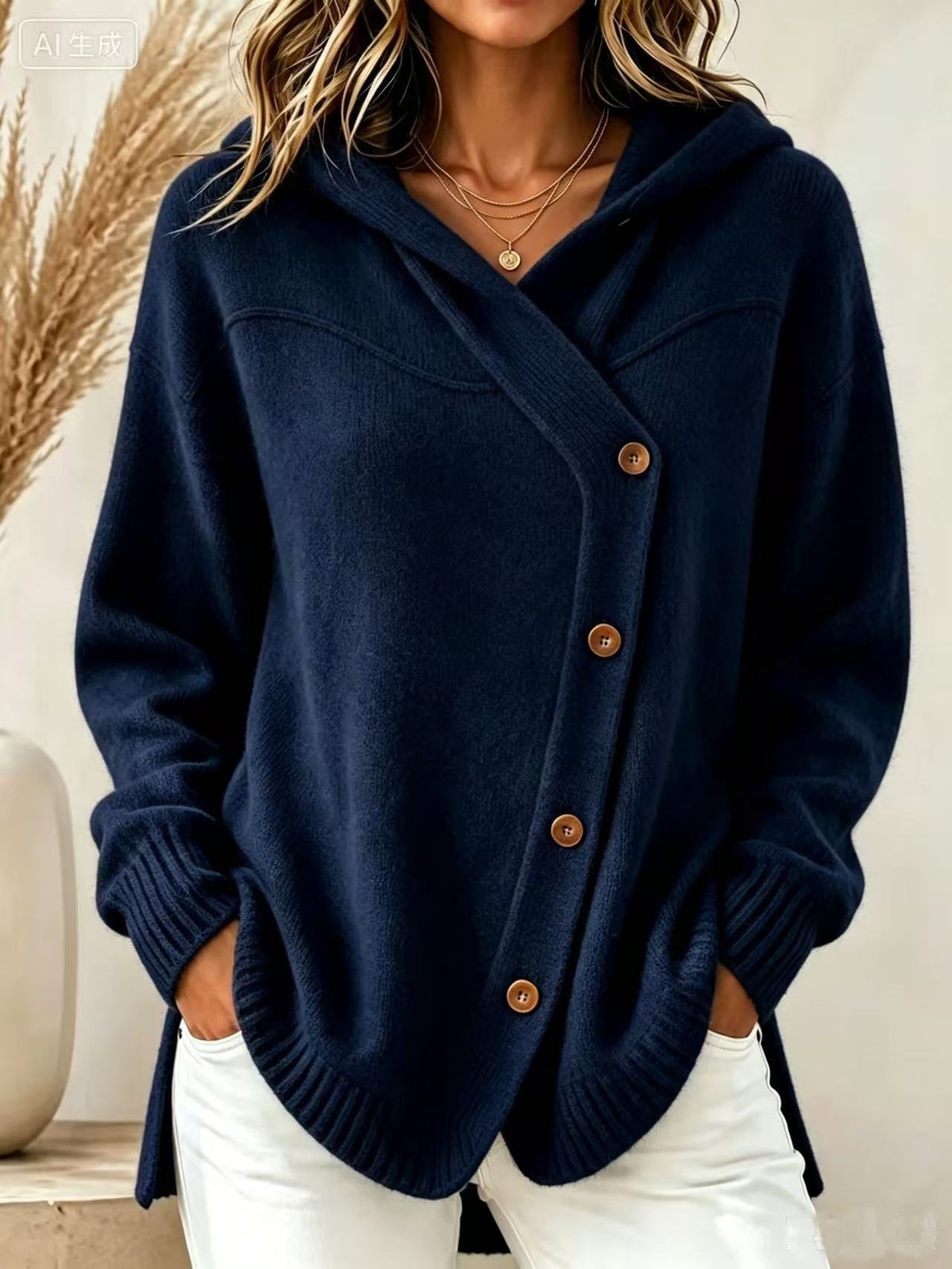 Marisette | Ribbed Button-Front Hoodie Knit Cardigan for Women