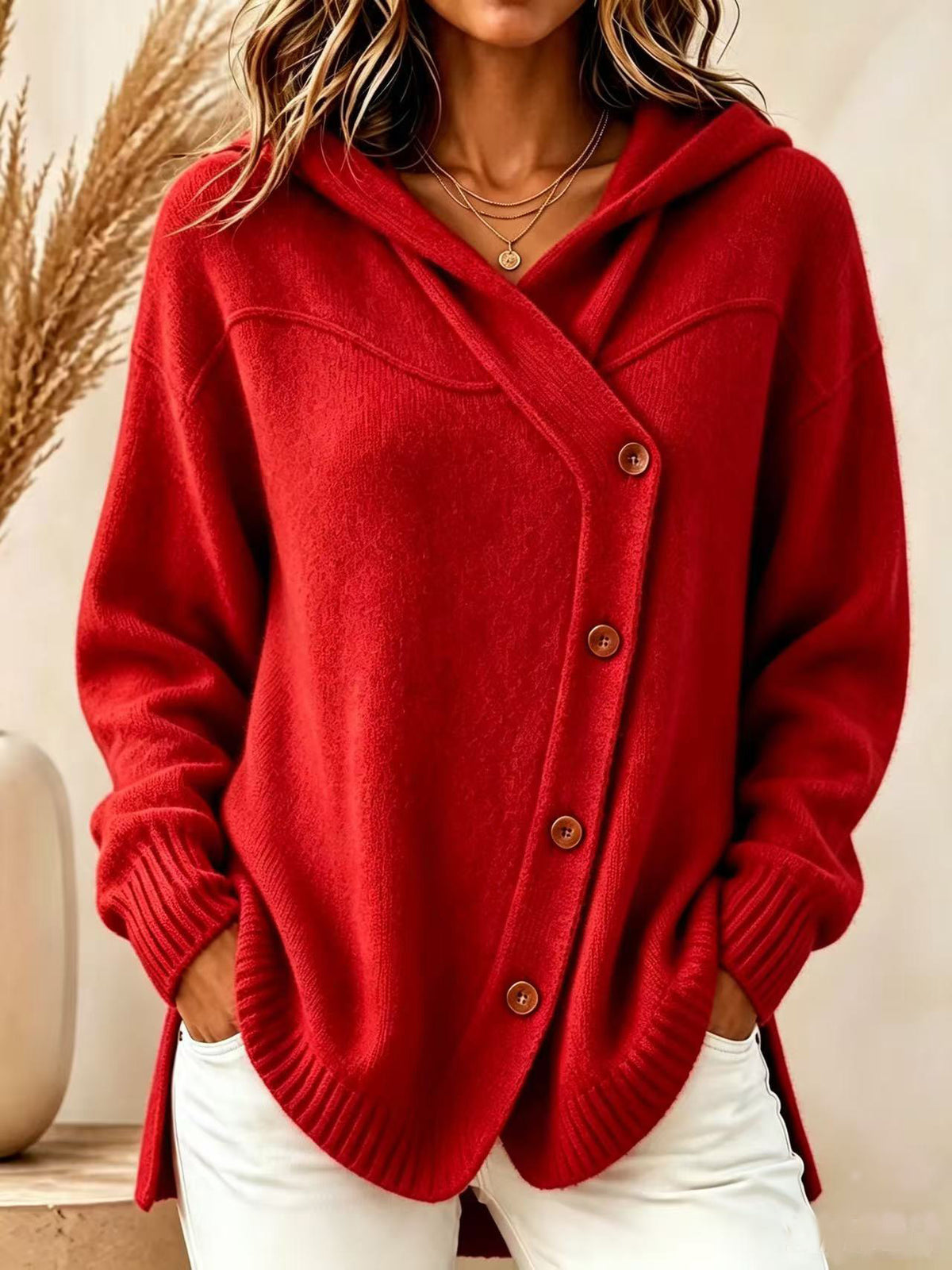 Marisette | Ribbed Button-Front Hoodie Knit Cardigan for Women