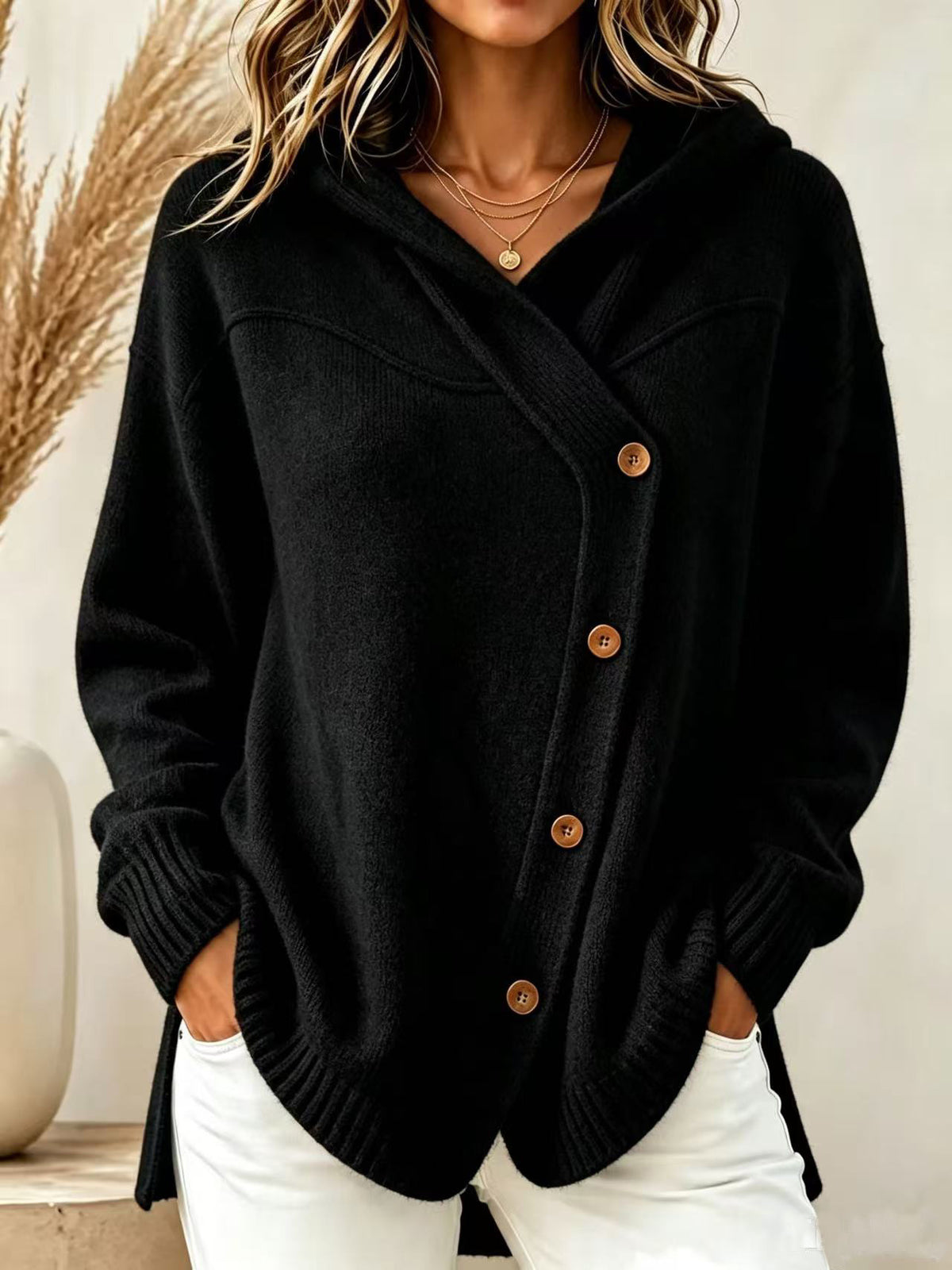 Marisette | Ribbed Button-Front Hoodie Knit Cardigan for Women