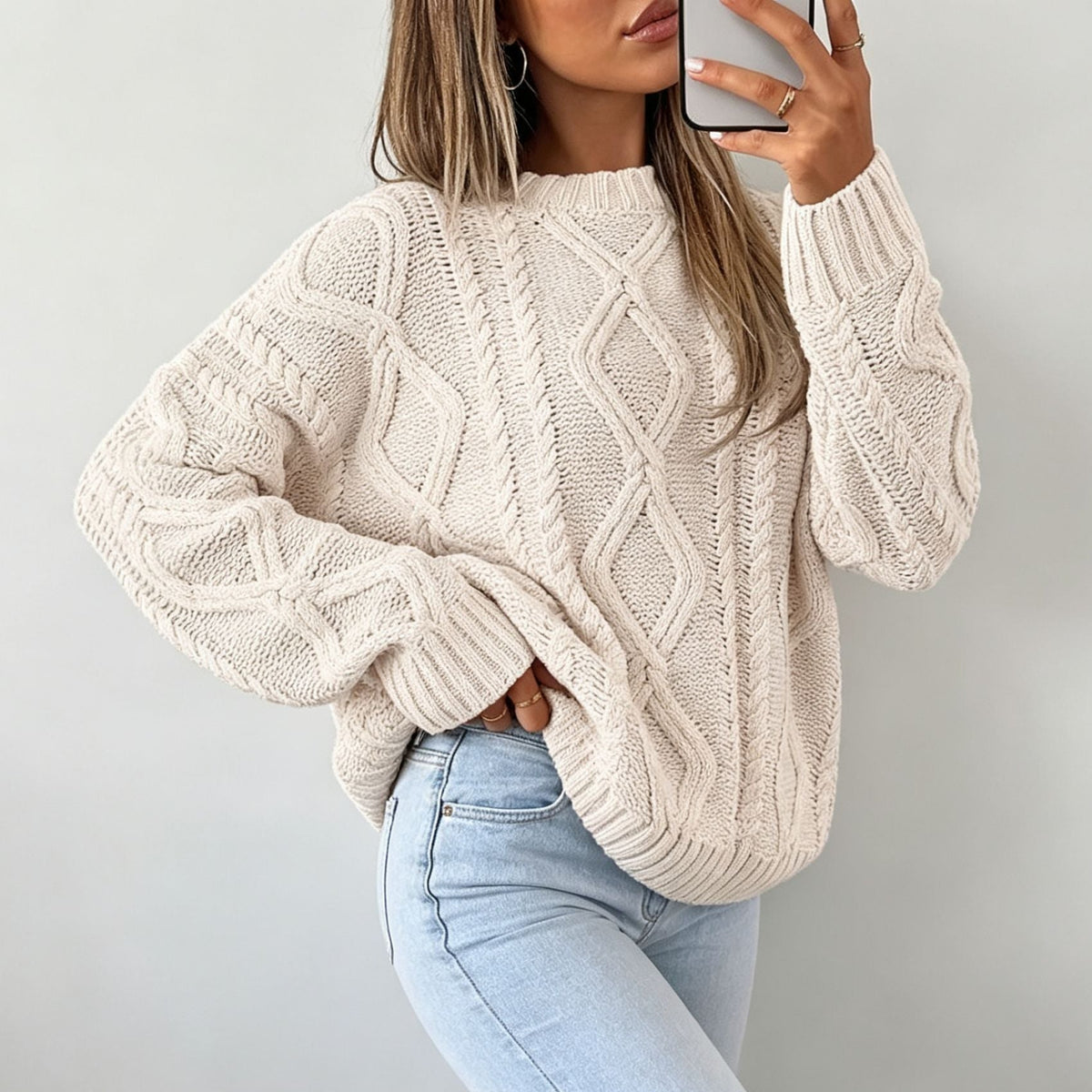 Theodora | Cable Knit Crew Neck Oversized Sweater for Women