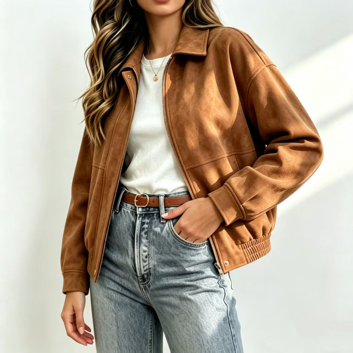 Elfie | Belted Suede Bomber Jacket with Zip-Front for Women