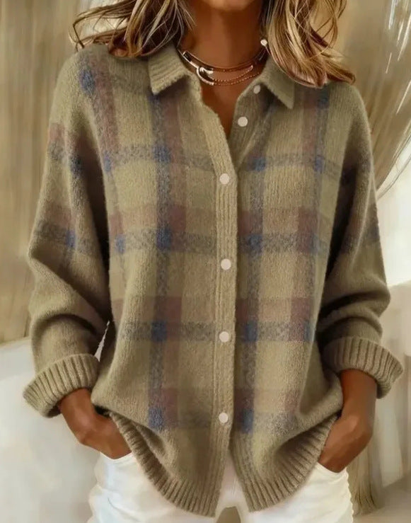 Heather | Plaid Knit Button-Front Cardigan for Women