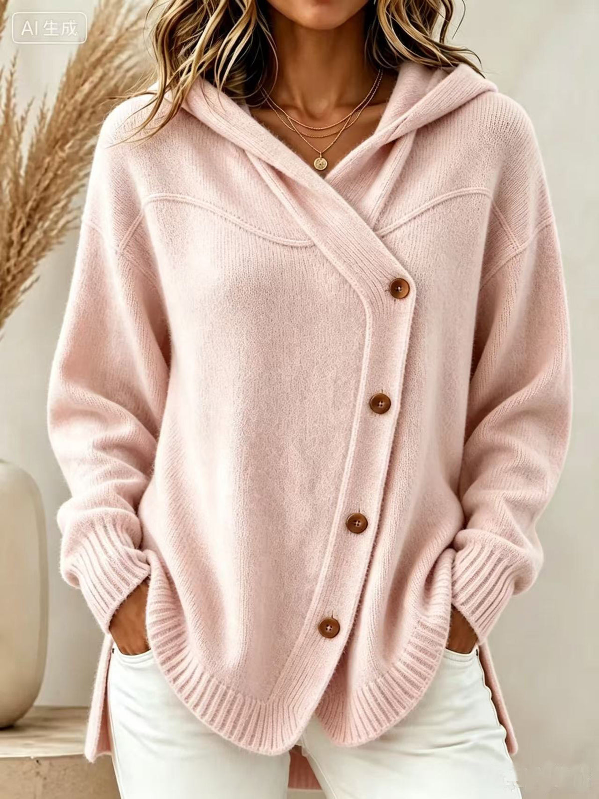 Marisette | Ribbed Button-Front Hoodie Knit Cardigan for Women