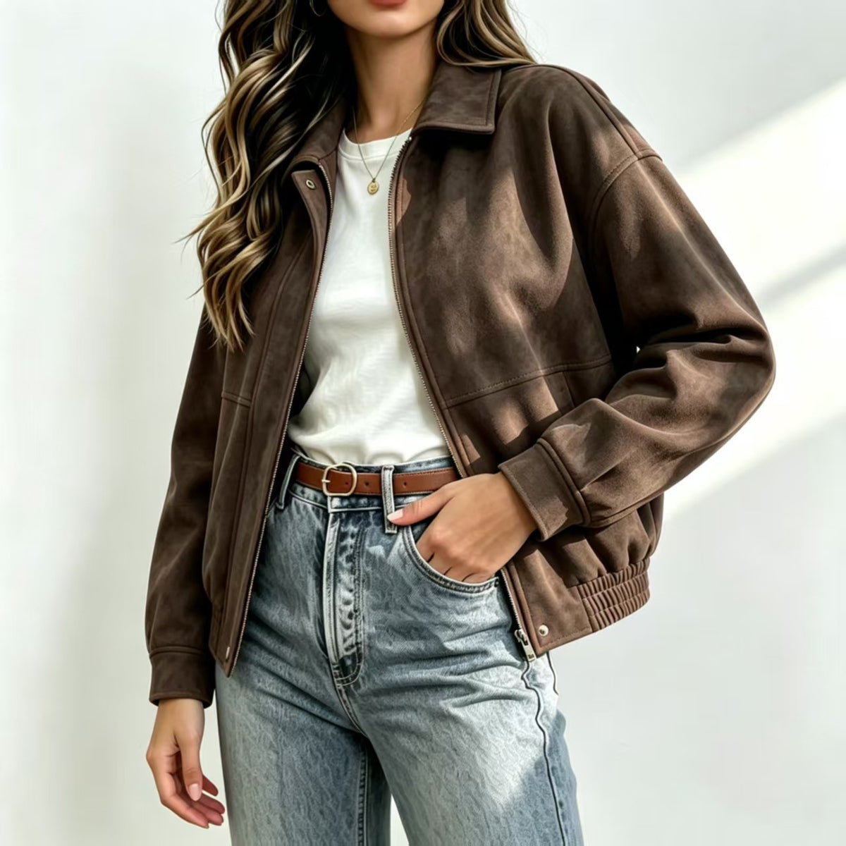 Elfie | Belted Suede Bomber Jacket with Zip-Front for Women