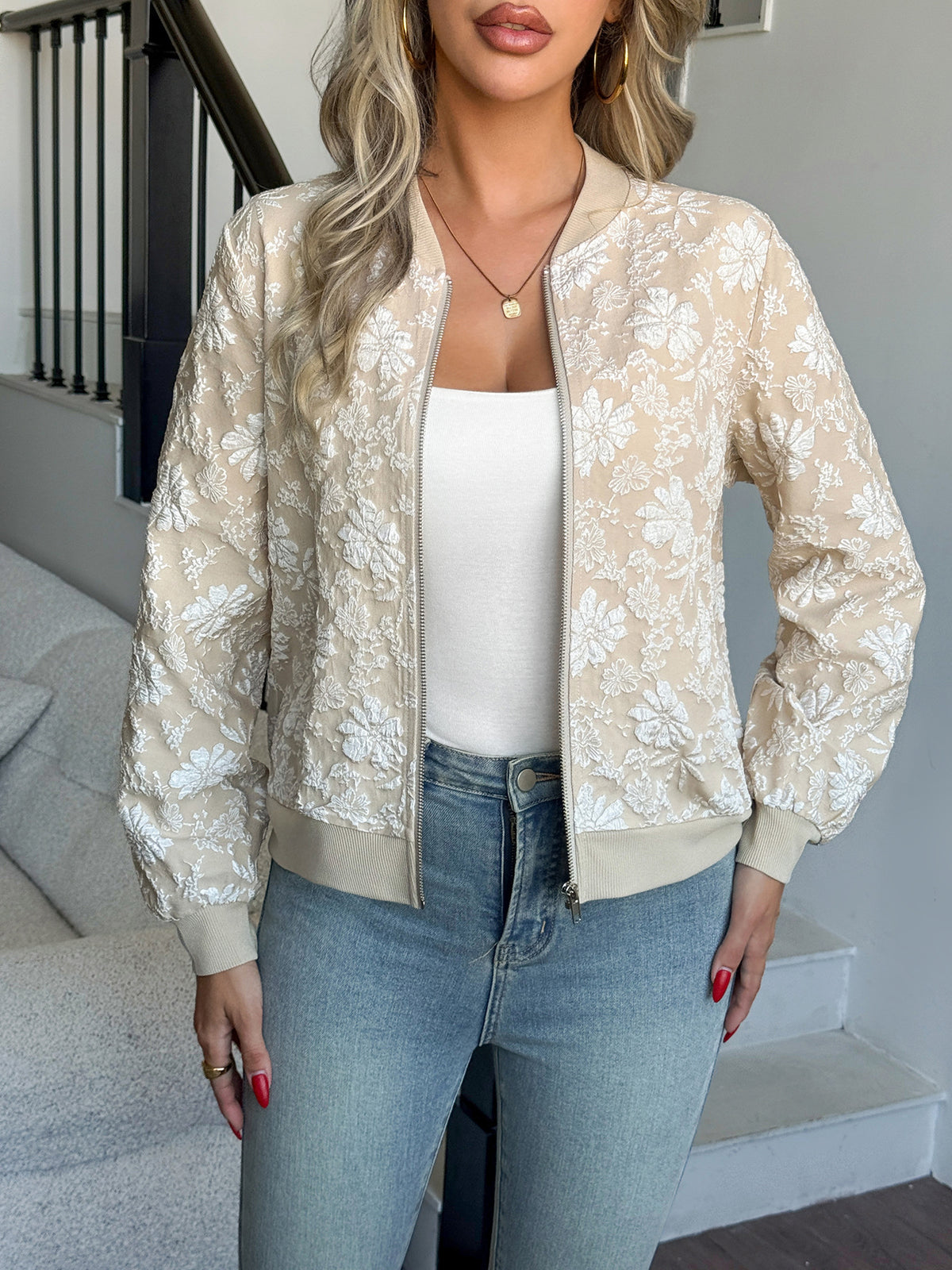 Idske | Floral Jacquard Zip-Front Bomber Jacket for Women