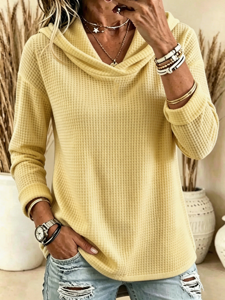 Merethe | Waffle-Knit Cowl Neck Hooded Sweater for Women