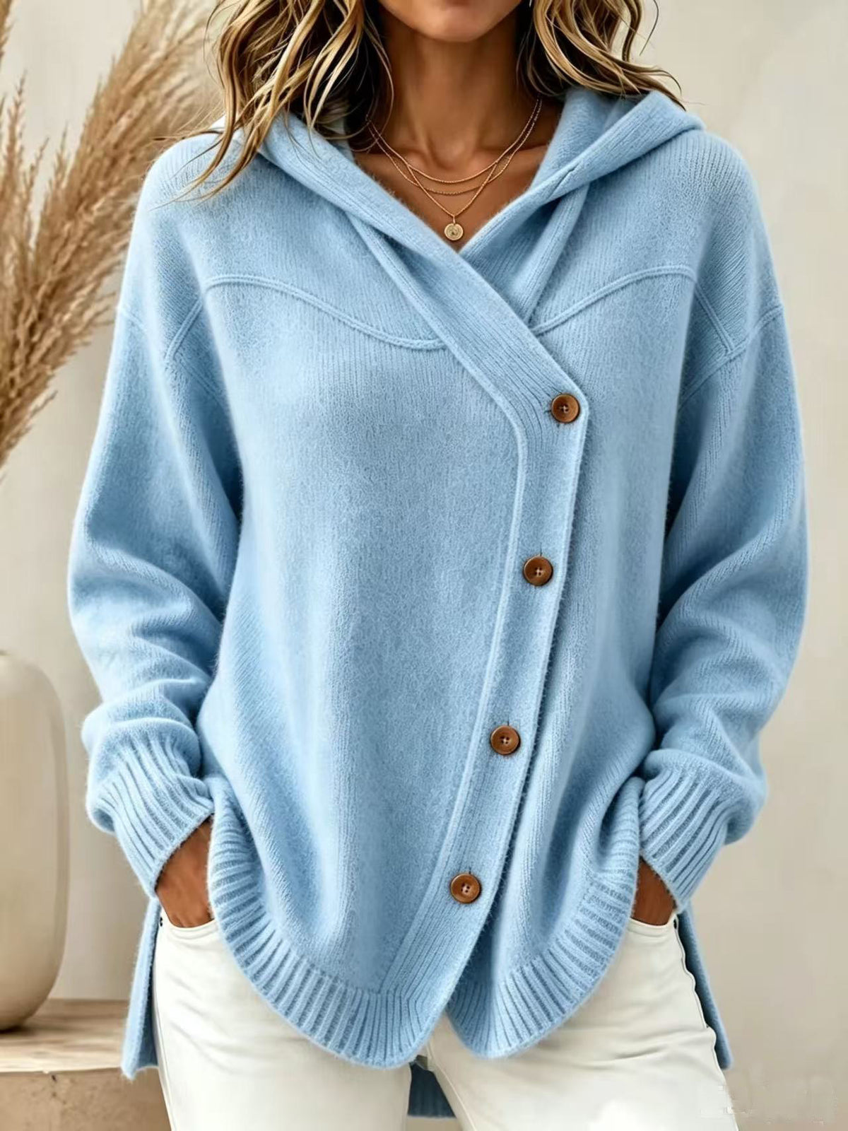 Marisette | Ribbed Button-Front Hoodie Knit Cardigan for Women