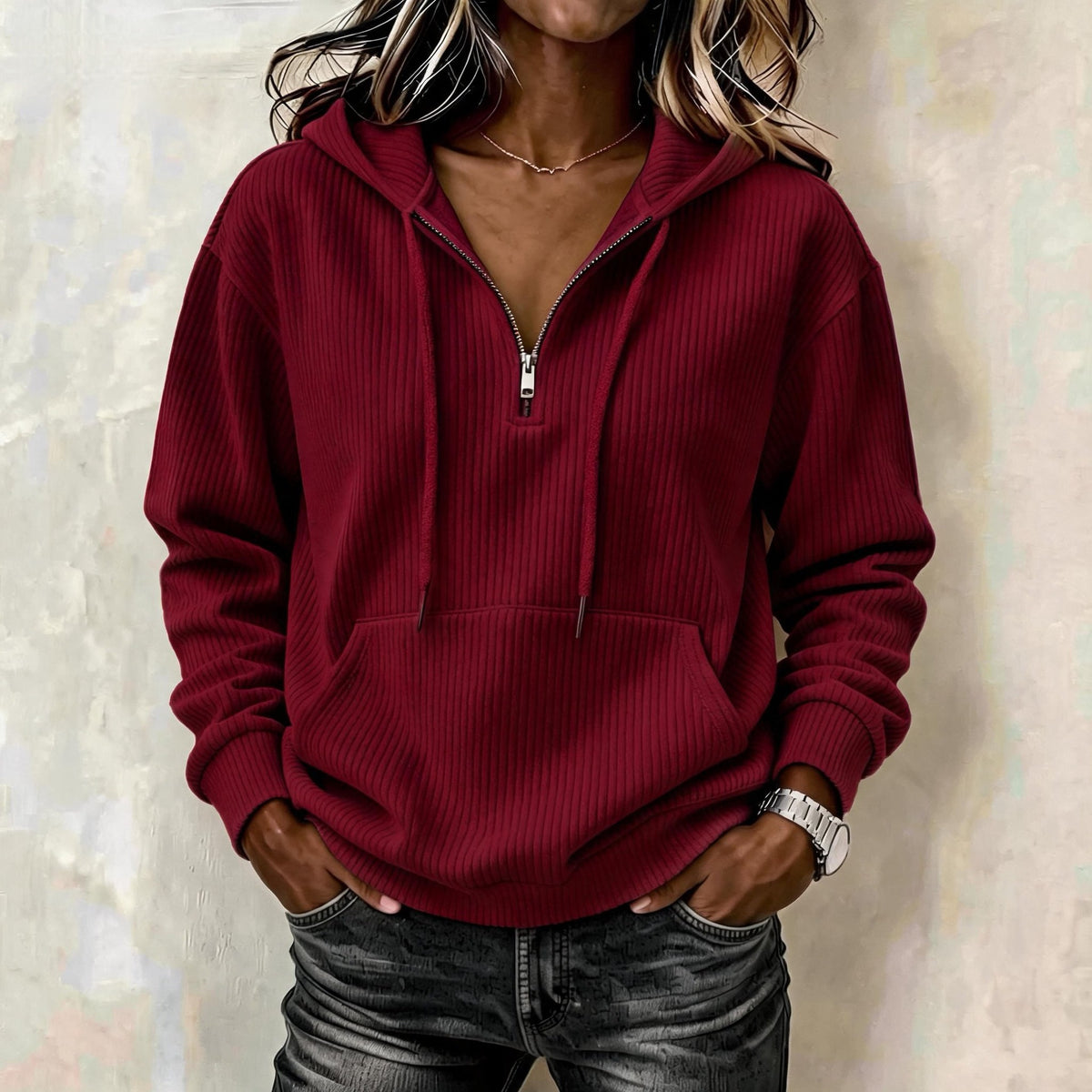 Marwen | Ribbed Half-Zip Hoodie with Drawstring Hood for Women