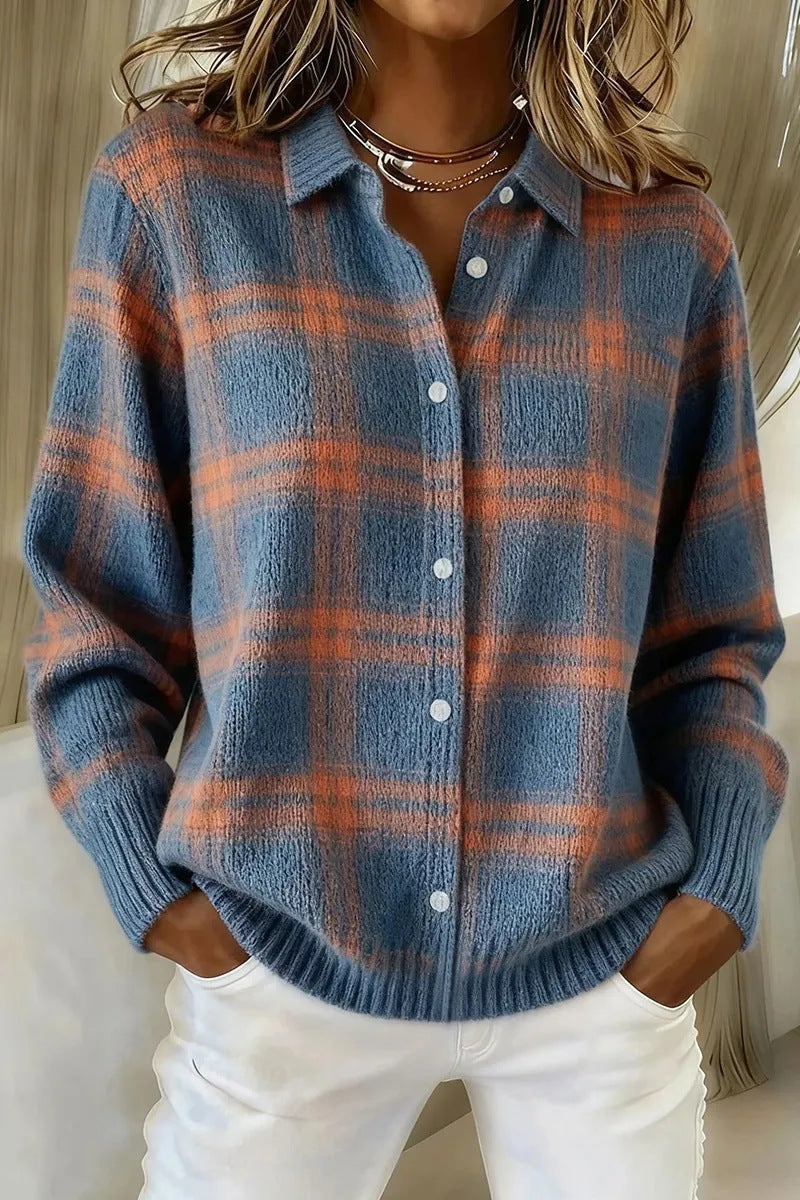 Heather | Plaid Knit Button-Front Cardigan for Women