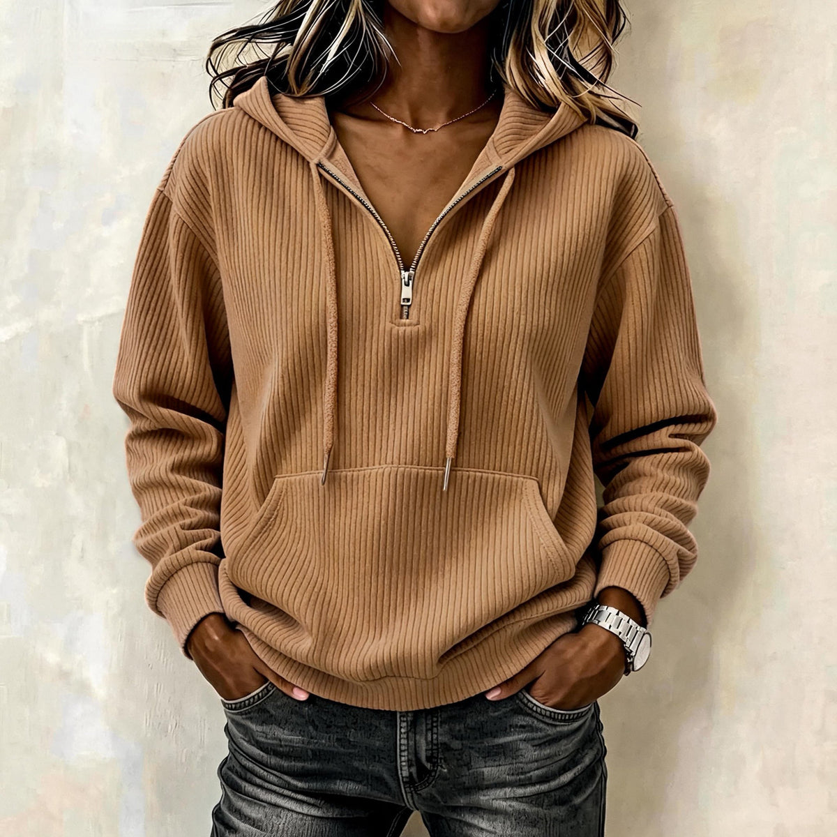 Marwen | Ribbed Half-Zip Hoodie with Drawstring Hood for Women