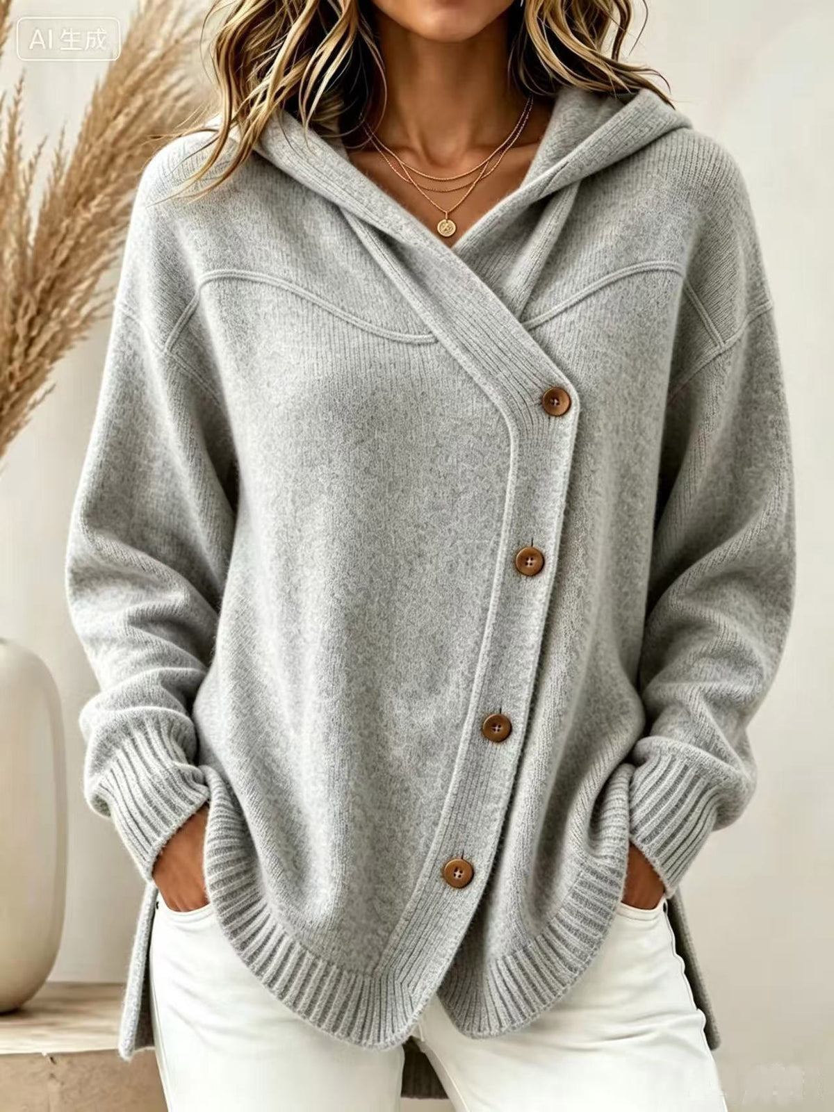 Marisette | Ribbed Button-Front Hoodie Knit Cardigan for Women