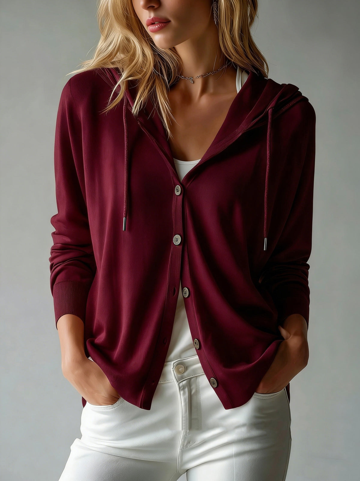 Doortje | Ribbed Knit Hoodie Cardigan with Button Front for Women
