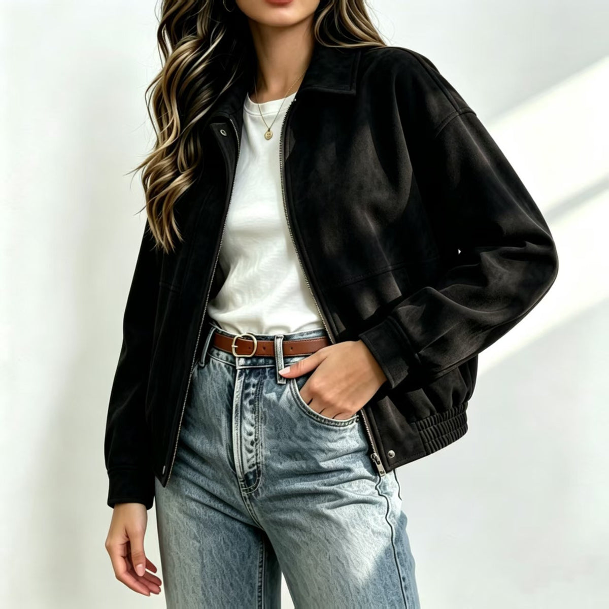 Elfie | Belted Suede Bomber Jacket with Zip-Front for Women