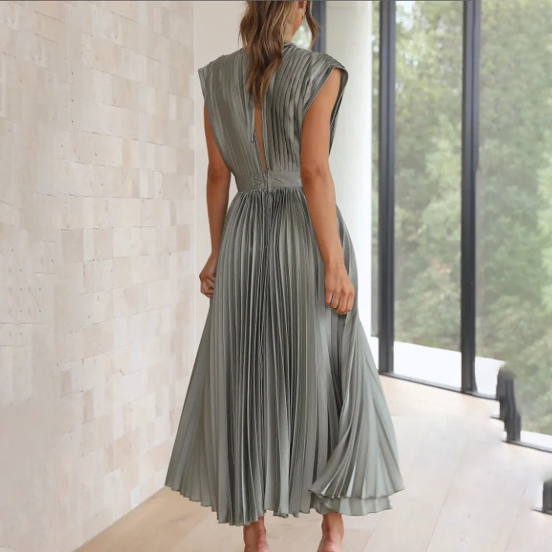 Mabel | Pleated V-Neck Midi Dress with Belted Waist for Women