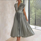 Mabel | Pleated V-Neck Midi Dress with Belted Waist for Women