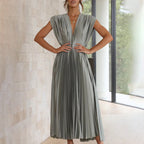 Mabel | Pleated V-Neck Midi Dress with Belted Waist for Women