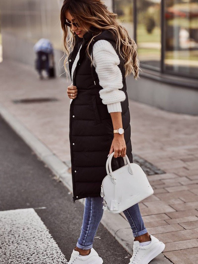 Priyanka | Knee-Length Quilted Zip-Front Puffer Vest with Hooded Collar for Women