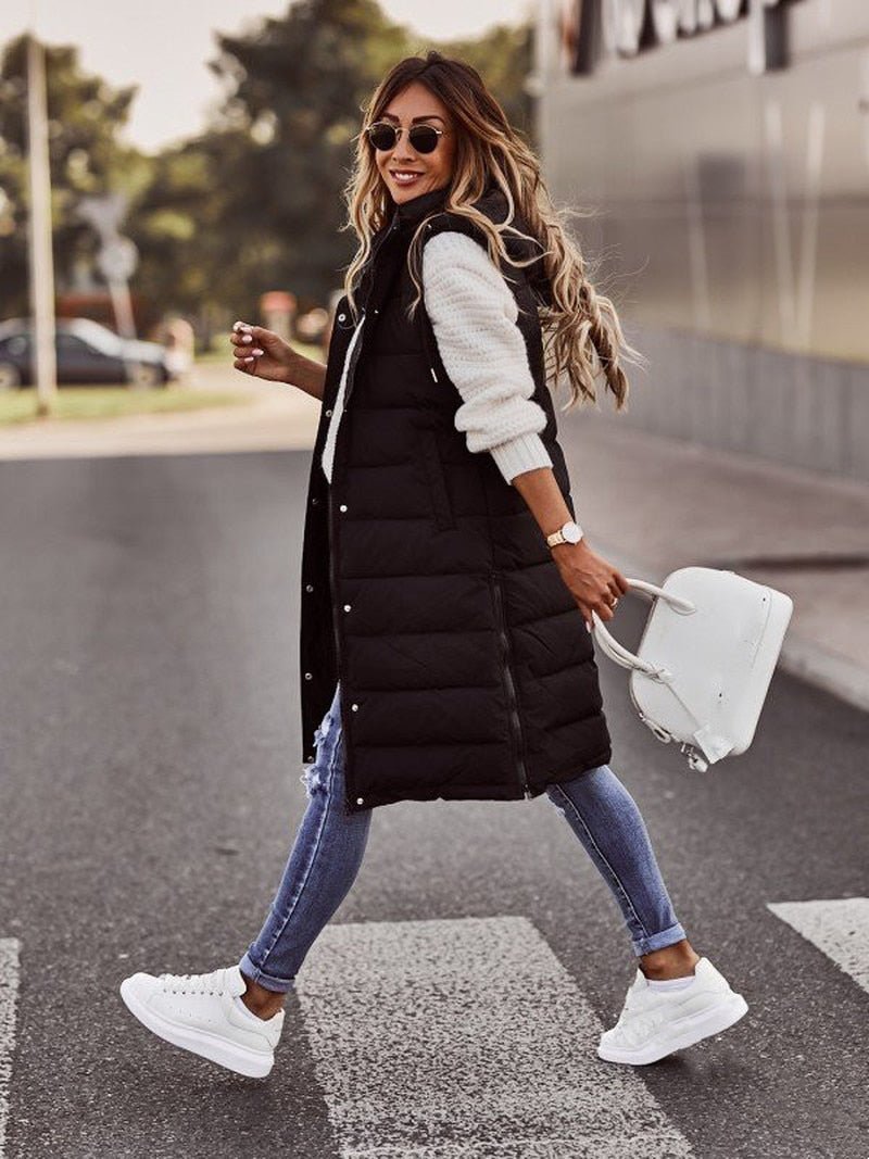 Priyanka | Knee-Length Quilted Zip-Front Puffer Vest with Hooded Collar for Women