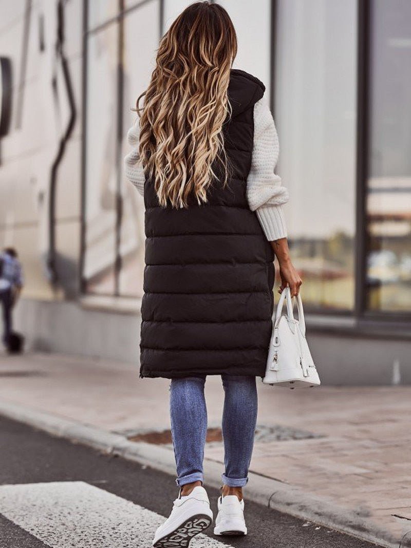 Priyanka | Knee-Length Quilted Zip-Front Puffer Vest with Hooded Collar for Women