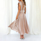 Mabel | Pleated V-Neck Midi Dress with Belted Waist for Women