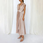 Mabel | Pleated V-Neck Midi Dress with Belted Waist for Women