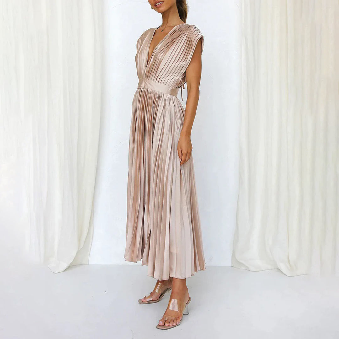 Mabel | Pleated V-Neck Midi Dress with Belted Waist for Women