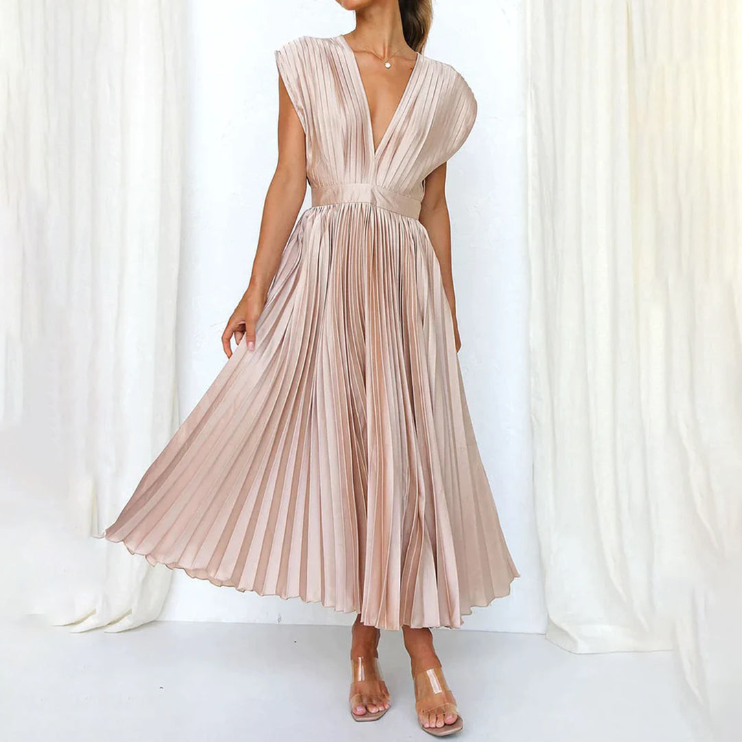Mabel | Pleated V-Neck Midi Dress with Belted Waist for Women