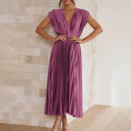 Mabel | Pleated V-Neck Midi Dress with Belted Waist for Women