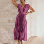 Mabel | Pleated V-Neck Midi Dress with Belted Waist for Women