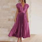 Mabel | Pleated V-Neck Midi Dress with Belted Waist for Women