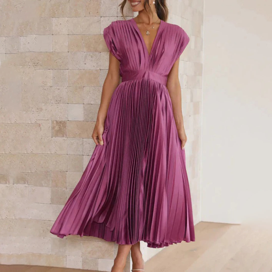 Mabel | Pleated V-Neck Midi Dress with Belted Waist for Women