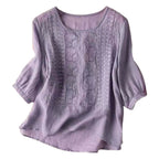 Ava | Embroidered Round-Neck Blouse with Long Puff Sleeves for Women