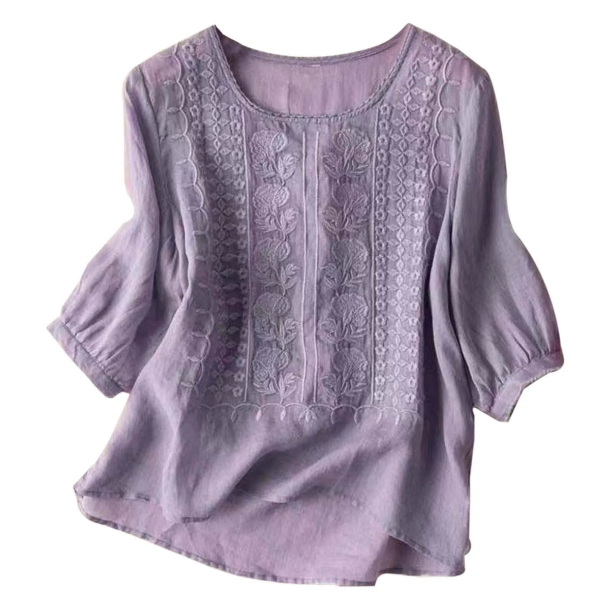 Ava | Embroidered Round-Neck Blouse with Long Puff Sleeves for Women